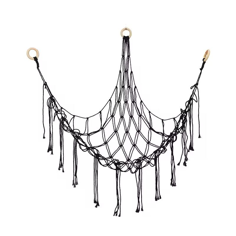 Boho Toy Hammock Hanging Mesh Storage Net With Tassels Triangular Wall Organizer black