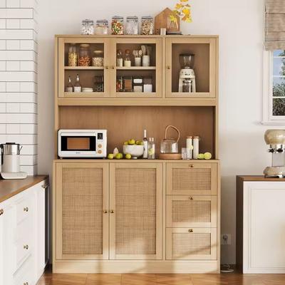 Kitchen Cabinet Hutch With Microwave Stand And Charging Station natural