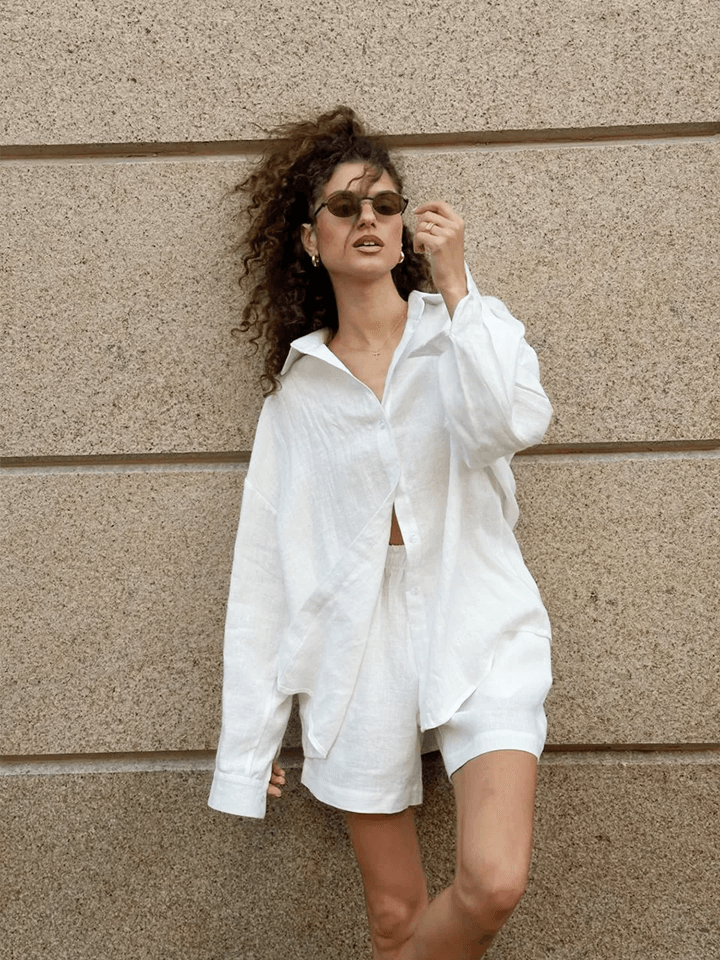 Womens Cotton Lounge Shorts Set Two Piece Long Sleeve Summer Outfit m white