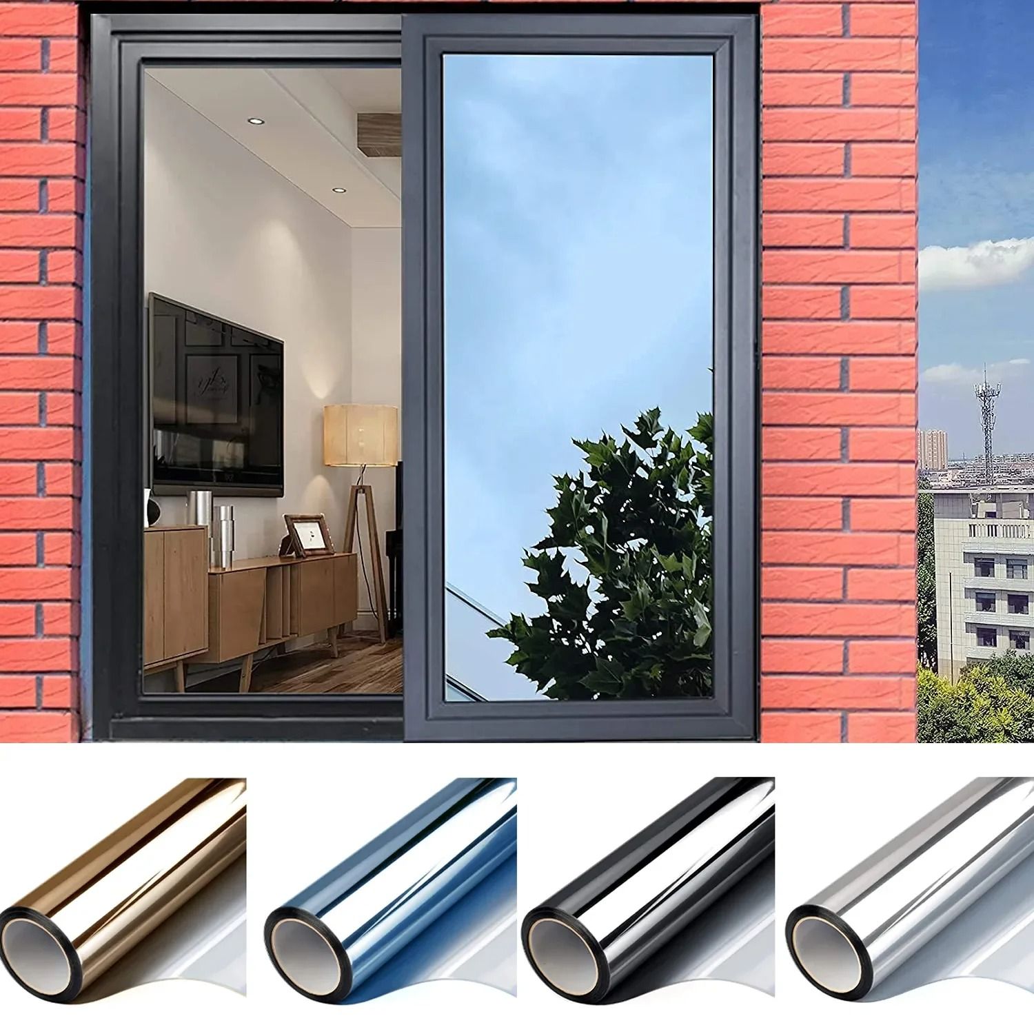 One Way Mirror Window Film Privacy Tint Heat Control Reflective Adhesive Glass Covering 15.7 39.4 In black silver
