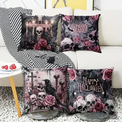 Gruselige und stilvolle Kissenbezüge mit Halloween-Motiv: Totenköpfe, Rosen und fröhliche Halloween-Designs. Sofakissenbezug als Geschenk Image