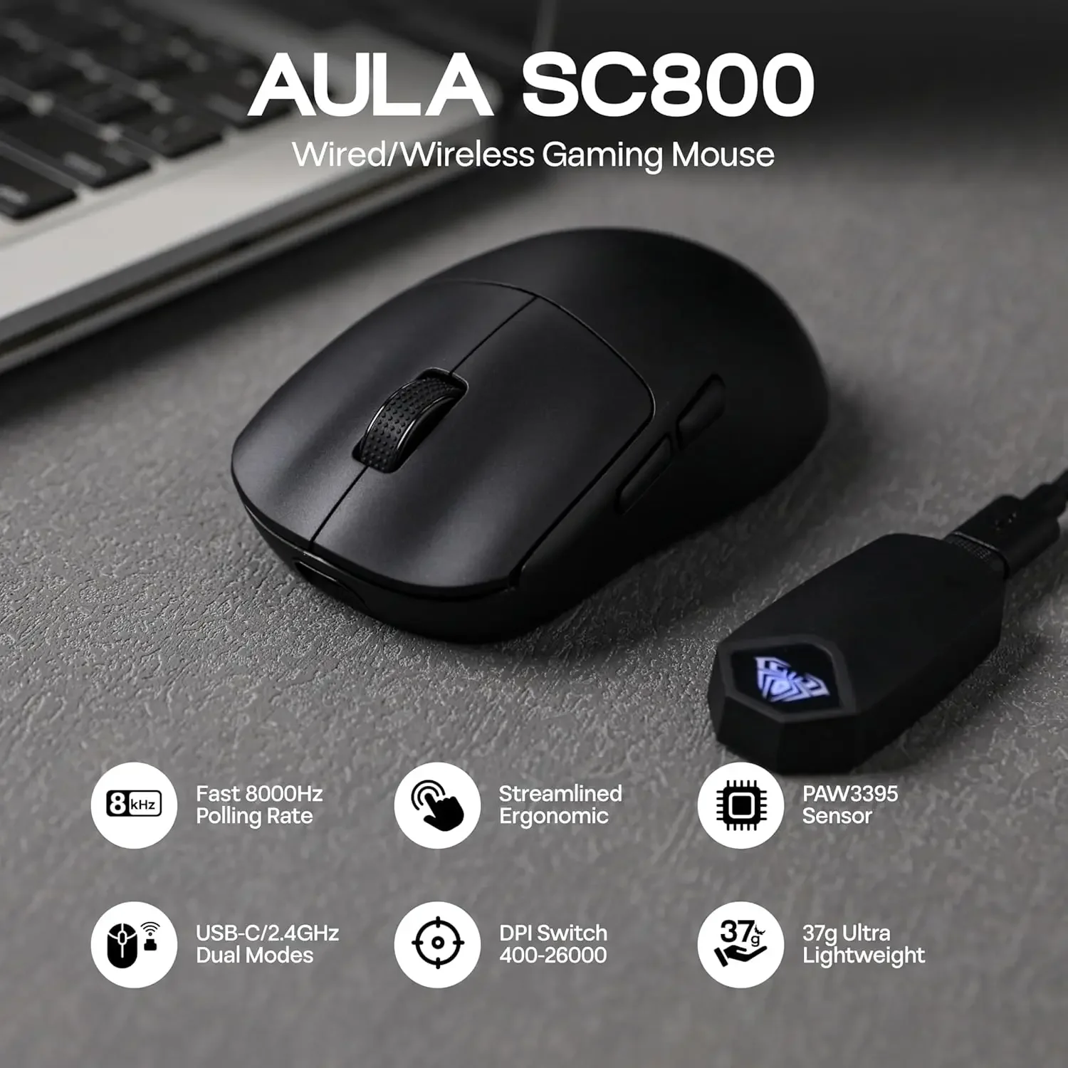 AULA SC800 Gaming-Maus, USB-C, kabelgebunden/2,4 G, 37 g, leicht, 8K Paw3395 Sensor, individuelle Mäuse, PC, E-Sport, Gamer-Zubehör, Geschenke Image