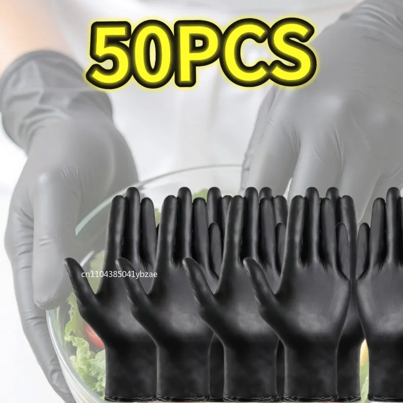 10–100 Stück schwarze Einweg-Nitrilhandschuhe, latexfrei, wasserdicht, langlebig, geeignet für die Küche, Lebensmittelverarbeitung, Schönheitssalon, Familie Image