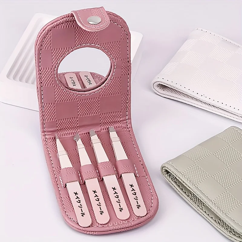 4-teiliges Pinzetten-Set aus Edelstahl zur Haarentfernung, präzises Pinzetten-Set für Augenbrauen und Gesichtshaare mit Spiegelpinzetten-Set Image