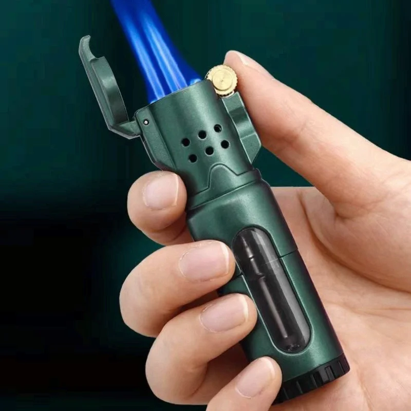 JOBON Aufblasbare Feuerzeuge mit drei blauen Flammen, Radzündung, sichtbares transparentes Gasfach, verstellbare Flammengröße, Metallgerät Image