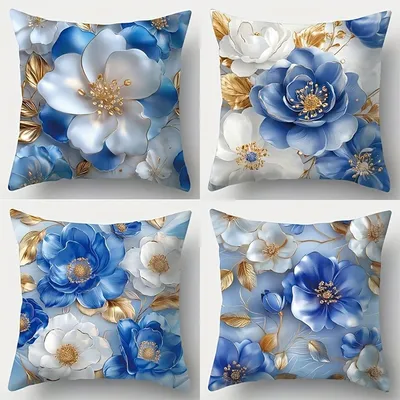 Blaue und weiße Blumen mit goldenen Akzenten. Geeignet für Sofa, Auto, Schlafzimmer, dekorativer Kissenbezug Image