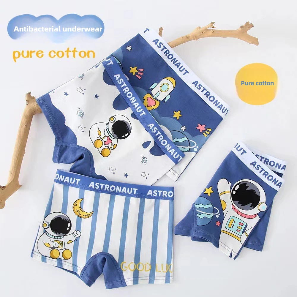 4 Stück Baumwoll-Boxershorts für Jungen, weiche Unterwäsche mit Astronauten-Aufdruck, 100 % atmungsaktive Kinder-Unterhose für Kleinkinder, Jungen, Alltagskleidung Image