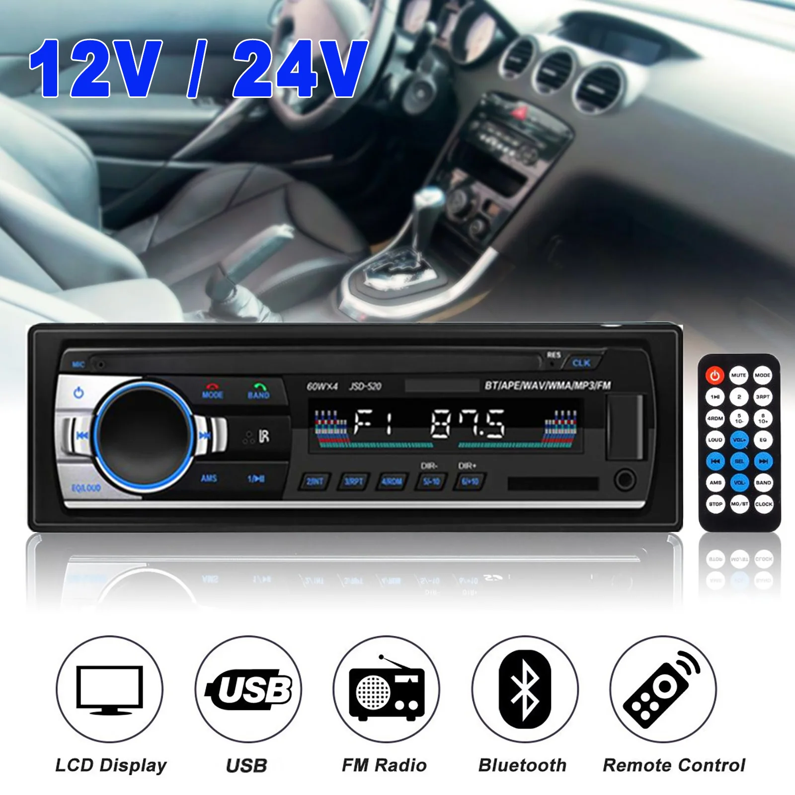 12/24V Auto Limousine FM Radio MP3 Player USB Classic Bluetooth Stereo Audio Receiver AUX/USB/SD/FM/WMA MP3/MP4/MP5 Radio Kit Image