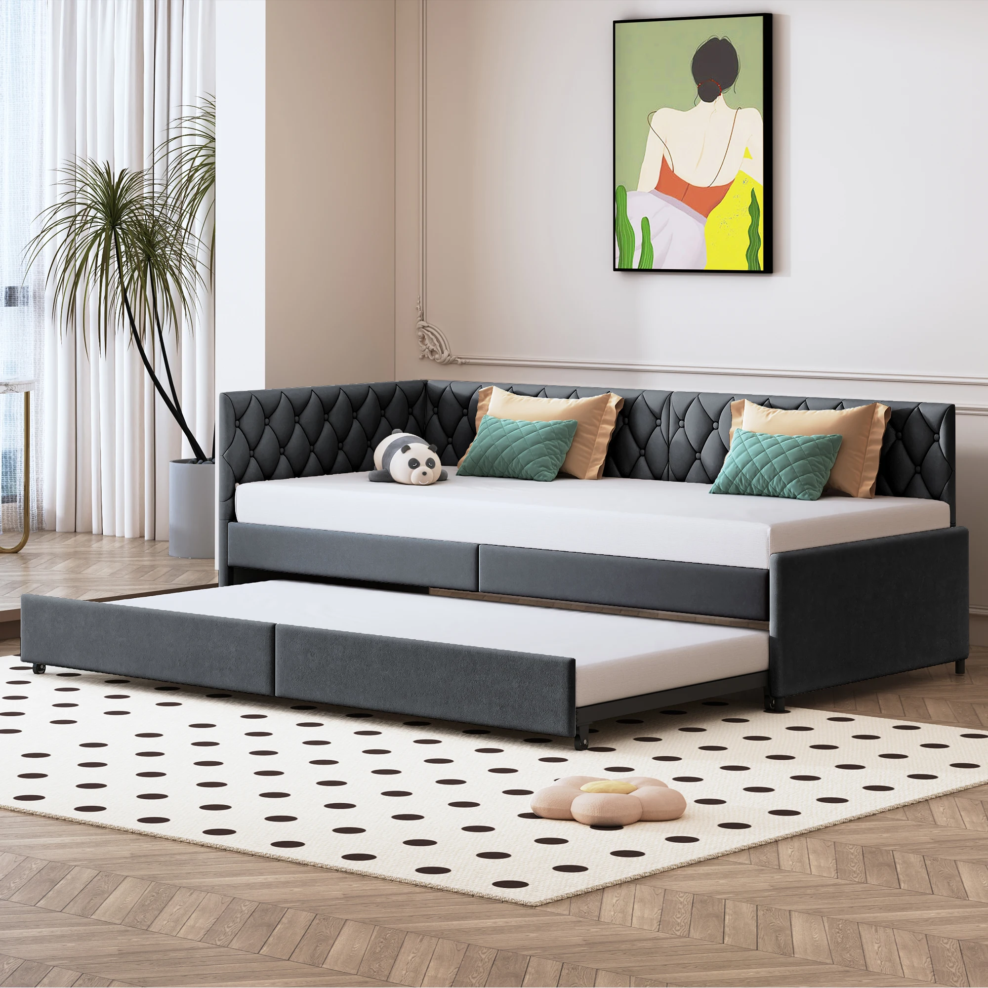 Rosahqnda gepolstertes Tagesbett 90 x 200 cm mit ausziehbarem Bett, Einzelbett, Schlafsofa, Tagesbettgestell mit Lattenrost Image