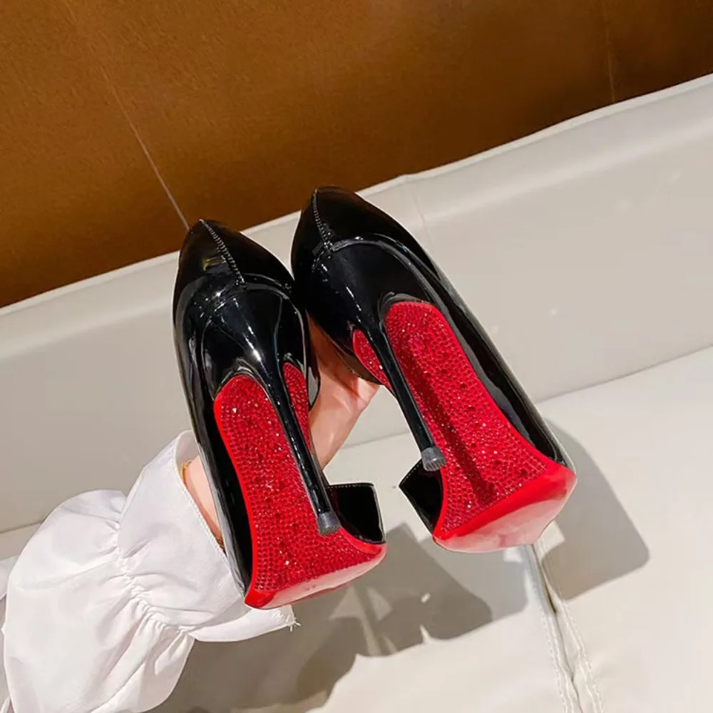 2025SS Women's Office Ladies Black Patent Leather Pointed Toe Stiletto Pumps Red Crystal Embellished Insole High Heels Shoes