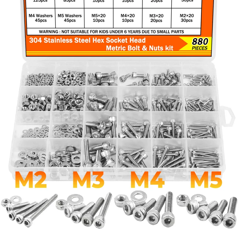 880-teiliges Schrauben- und Muttern-Schrauben-Unterlegscheiben-Set aus Edelstahl 304, M2, M3, M4, M5, Innensechskant-Maschinenschrauben-Set mit Inbusschlüssel Image