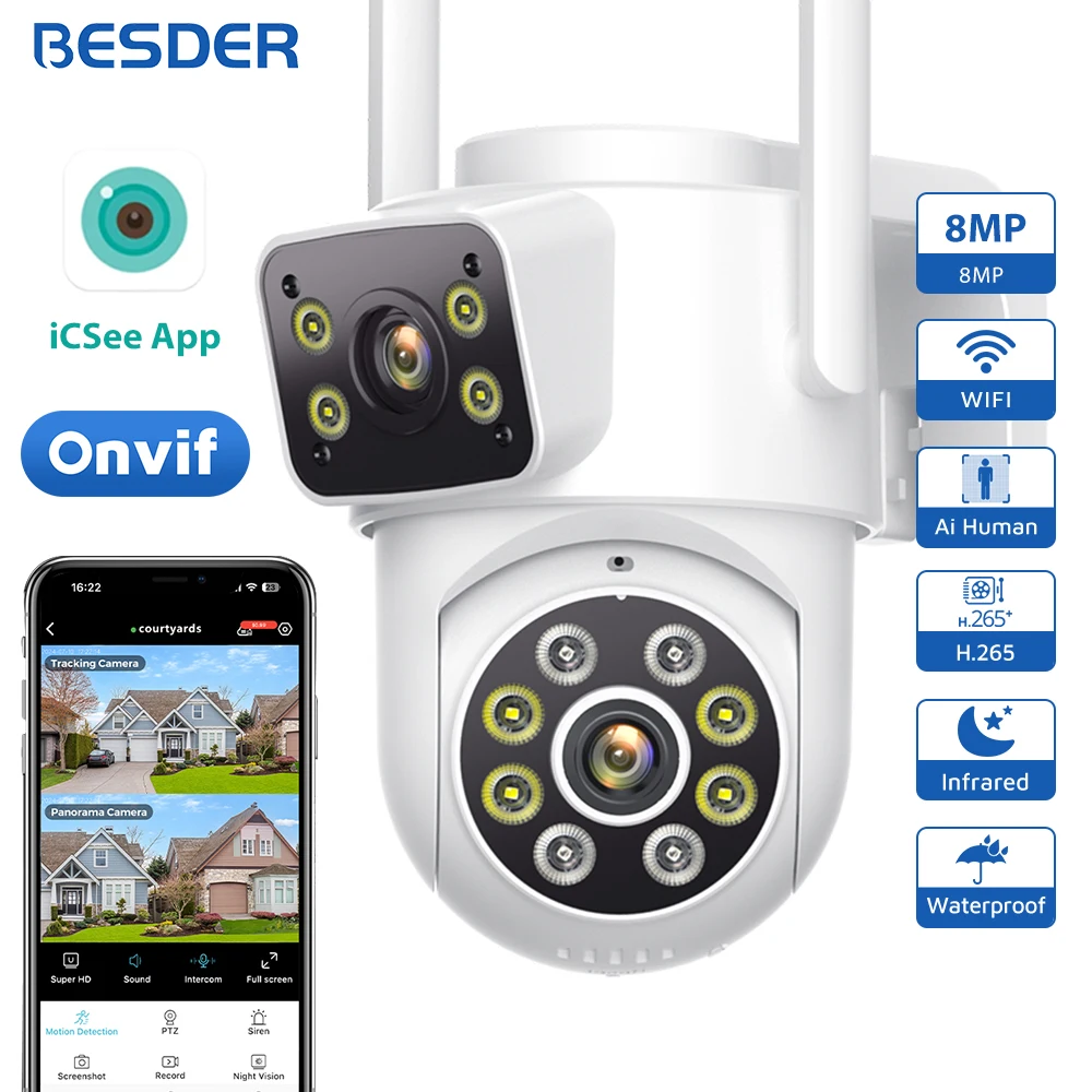 BESDER 8MP Wifi Kamera PTZ Dual Bildschirme Outdoor Menschliche Erkennung Auto Tracking 6MP CCTV Überwachung IP Kamera P2P Audio iCSee Image