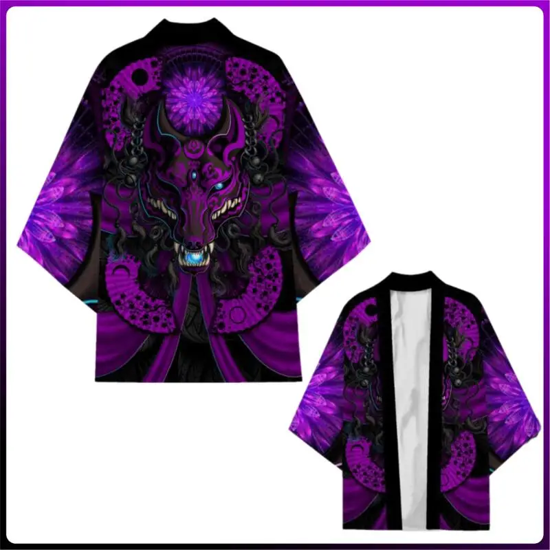 Japanischer Samurai-Dämon, Cosplay, Kimono-Jacke, schwarz, lila, Wolf-Maske, Aufdruck, 7-Ärmel, Vintage-Streetwear, traditionelle asiatische Strickjacke