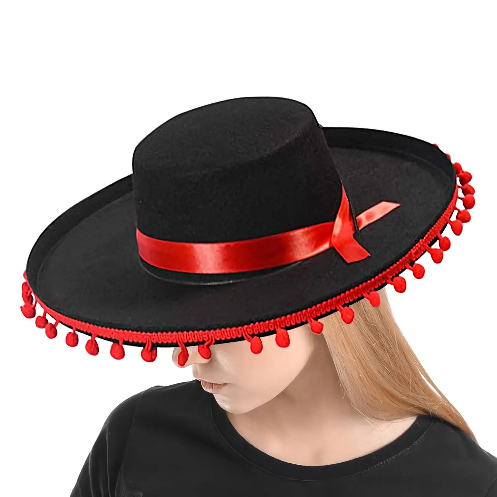 Großer mexikanischer Sombrero-Hut mit Bommeln, breite Krempe, Cosplay-Kostüm, spanisches Outfit-Zubehör für traditionelles Festival, Partyhut Image