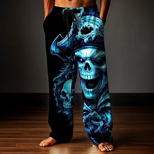 Herren Hose Baggy-Hosen Freizeithose Elastischer Kordelzug in der Taille Leinenähnliche Hose mit Taschen Schädel Seeräuber Volle Länge Ferien Dark Punk Gothic Weiß Rote Unelastisch Image