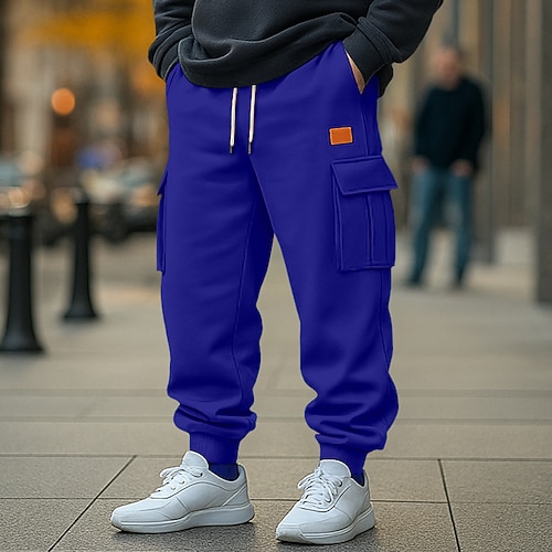 Herren Jogginghose Fleecehose Hose Cargo-Jogginghose Kordelzug Elastischer Bund Mehrere Taschen Einfach Feuchtigkeitsableitend Atmungsaktiv Volle Länge Outdoor Lässig Täglich Mode Streetwear Schwarz Image