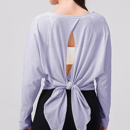 Damen Sportkleidung Yoga-Shirts T-shirt Fitness V-Ausschnitt Atmungsaktiv Rückenfrei Langarm Sport Einfarbig Oberteil Für Fitnessstudio sportlich Sport Lässiger Schnitt Sportkleidung Image