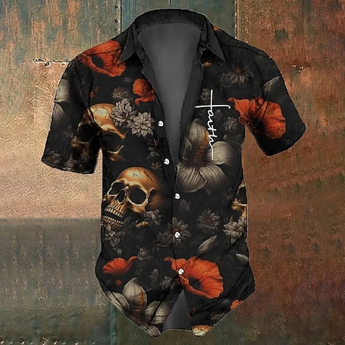 Herren Kostüme Schädel Hemd Button-Up Hemd Kurzarm Dunkler Punk Gothic-Stil Urlaub Sommer Frühling Umklappen 3D Druck mit Kragen Hemden Schwarz 1 Schwarz Schwarz 2 Image