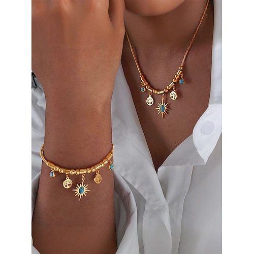 Damen-Set aus Halskette und Armband aus Goldlegierung mit türkisfarbenen Sonnen- und Baumanhängern – Boho-Chic-Schmuck für Partys, Feiertage und Freizeit Image