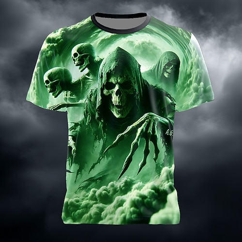 Herren Optische Täuschung Sensenmann 3D T Shirt Kurzarm T-Shirt 3D-Druck Rundhalsausschnitt Hemd Übertrieben Designer Horror Party Straße Ferien Blau Grün Sommer Frühling Ganzjahres Bekleidung S M L Image