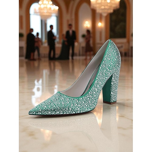 Lilafarbene Pumps mit quadratischem Absatz und Strasssteinen für Damen – spitze Glitzer-Partyschuhe für Cocktailveranstaltungen und Abendgarderobe Image