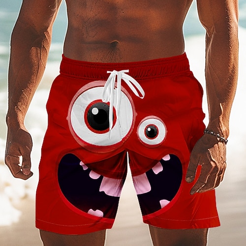 Herren 3D Zeichentrick Lächelndes Gesicht Große Augen Badehosen Badeshorts Boardshorts Mittlere Taille Lustig Outdoor Urlaub Alltagskleidung Seitentaschen Netzfutter Elastischer Kordelzug in der Image