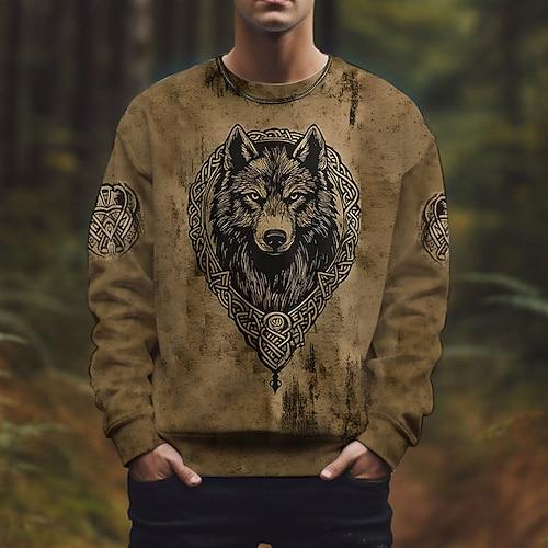 Herren Sweatshirt Blau Braun Grün Rundhalsausschnitt Wolf Keltischer Knoten Druck Lässig Täglich Ferien Vintage Vikinger Herbst Winter Bekleidung Kapuzenpullover Sweatshirts