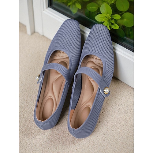 Beigefarbene Mary-Jane-Ballerinas aus Strick für Damen mit Perlenriemen – leichte, atmungsaktive Freizeitschuhe für den Alltag, auf Reisen und im Büro Image