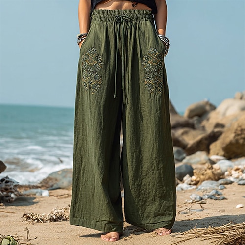Damen Weites Bein Hosen Hose Palazzo-Hose Mode Boho Volle Länge Hohe Taille Blume Kordelzug Elastischer Bund Druck Atmungsaktivität Bequem Straße Alltagskleidung Ausgehen Armeegrün Frühling Herbst Image