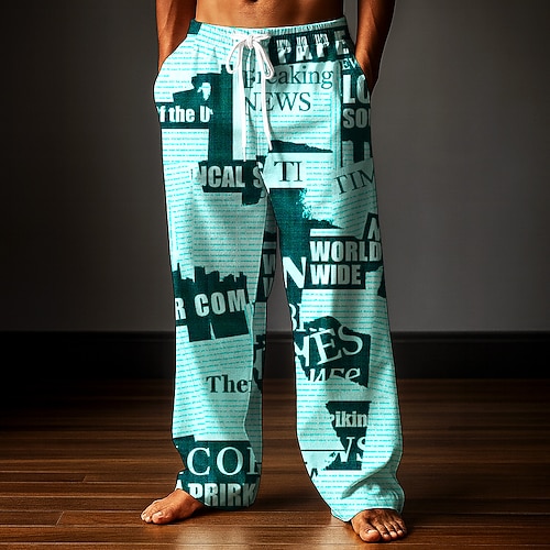 Herren Hose Baggy-Hosen Freizeithose Elastischer Kordelzug in der Taille Leinenähnliche Hose mit Taschen Zeitung Buchstabendruck Volle Länge Outdoor Ferien Retro Vintage Weiß Rosa Unelastisch Image