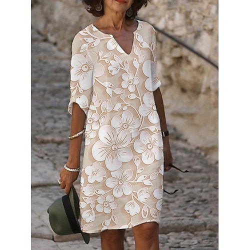 Damen Midikleid Freizeitkleid Druckkleid Mode Modern Täglich Strand Wochenende Normale Passform Blumen Dreiviertelarm Rundhalsausschnitt Gelb Purpur Grau Sommer Frühling Herbst Image