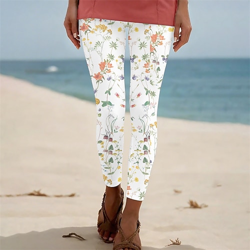 Damen Hosen Hose Leggings Gemütliche Leggings Streetwear Lässig Volle Länge Hohe Taille Blumen Elastischer Bund Druck Atmungsaktivität Bequem Dehnbar Urlaub Straße Alltagskleidung Weiß Sommer Image