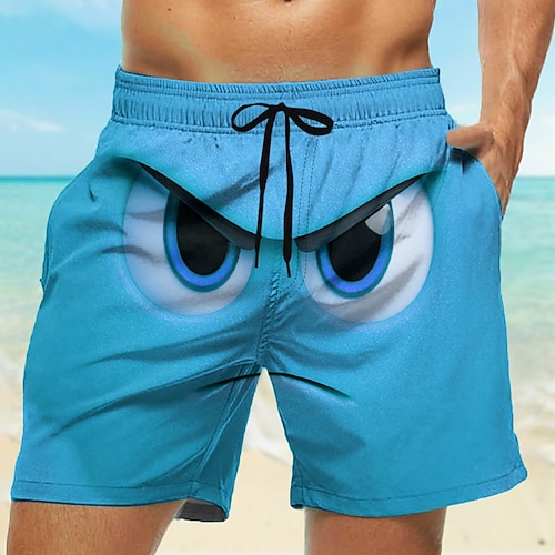 Herren 3D Zeichentrick Lächelndes Gesicht Große Augen Badehosen Badeshorts Boardshorts Mittlere Taille Lustig Outdoor Urlaub Alltagskleidung Seitentaschen Netzfutter Elastischer Kordelzug in der Image