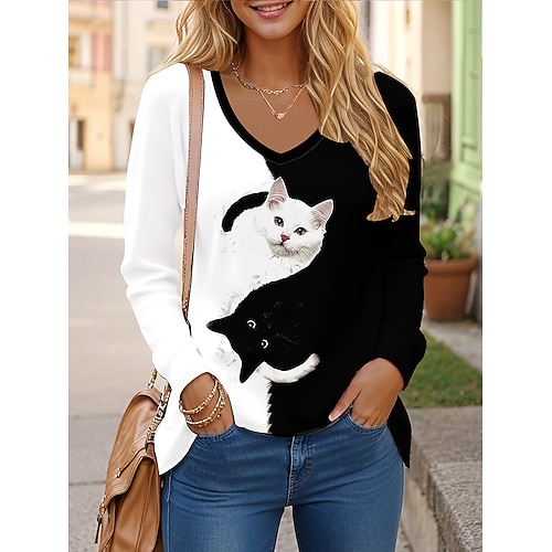Damen T-Shirt Langarm Grafik Tier Katze Vintage Stylisch Klassisch Langarm V-Ausschnitt Reguliäre Oberteile Tagesdruck Schwarz Frühling Herbst Vorherbst - Lightinthebox.com/de