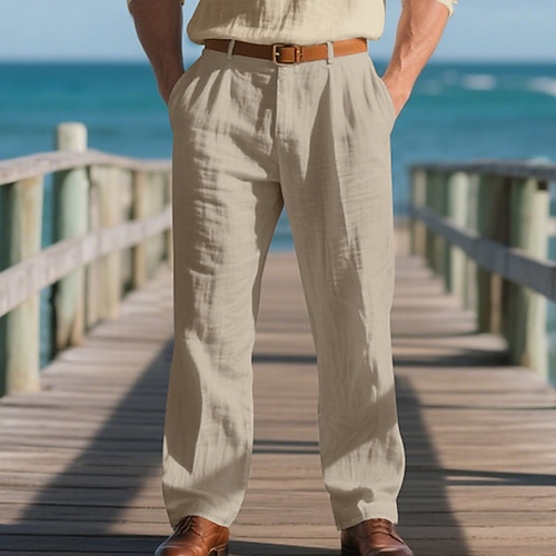 Herren Leinenhosen Hose Sommerhose Elastischer Bund Gerader Schnitt Einfach Komfort Atmungsaktiv Volle Länge Outdoor Lässig Täglich Mode Klassicher Stil Schwarz Weiß Unelastisch Image