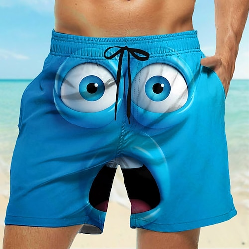 Herren 3D Zeichentrick Lächelndes Gesicht Große Augen Badehosen Badeshorts Boardshorts Mittlere Taille Lustig Outdoor Urlaub Alltagskleidung Seitentaschen Netzfutter Elastischer Kordelzug in der Image