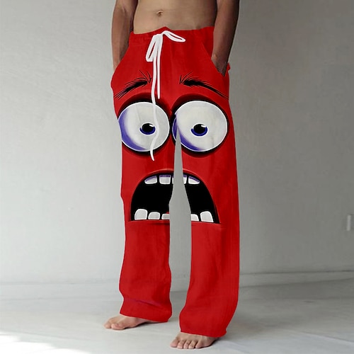 Herren 3D Zeichentrick Lächelndes Gesicht Hose Baggy-Hosen Freizeithose Mittlere Taille Lustig Outdoor Urlaub Elastischer Kordelzug in der Taille Leinenähnliche Hose mit Taschen Sommer Frühling Herbst Image