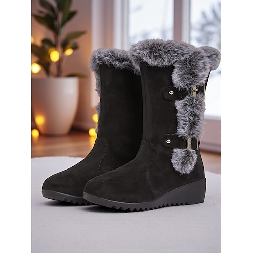 Schwarze Damen-Winterstiefel aus Wildlederimitat bis zur Wadenhöhe – Plüschfellfutter, rutschfeste Outdoor-Schneestiefel mit Keilabsatz, warme Trekking- und Reiseschuhe Image