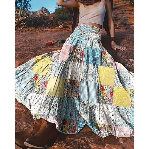 Damen Lässig Boho Maxi Mittlere Hüfthöhe Röcke Blumen Karomuster Patchwork Druck Mikroelastisch Urlaub Straße Blau Frühling Image