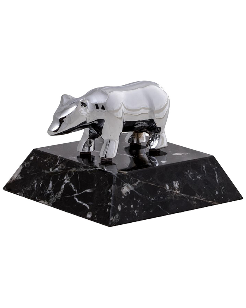 Bey-Berk Chrome Plated Bear Paperweight On Black Zebra Marble