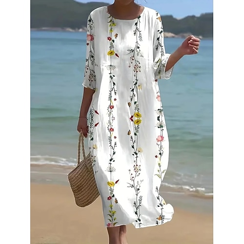 Damen Maxikleid Sommerkleid Shiftkleid A Linie Kleid Urlaub Lässig Boho Täglich Ferien Date Blumen Grafik Dreiviertelarm Rundhalsausschnitt Weiß Sommer Frühling Image