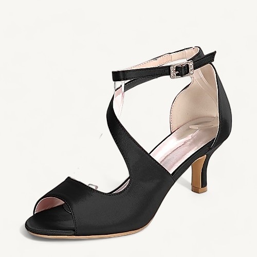 Damen Hochzeitsschuhe Brautschuhe Schnalle Kätzchenabsatz Offene Spitze Minimalismus Satin Knöchelriemen Schwarz Weiß Elfenbein Image