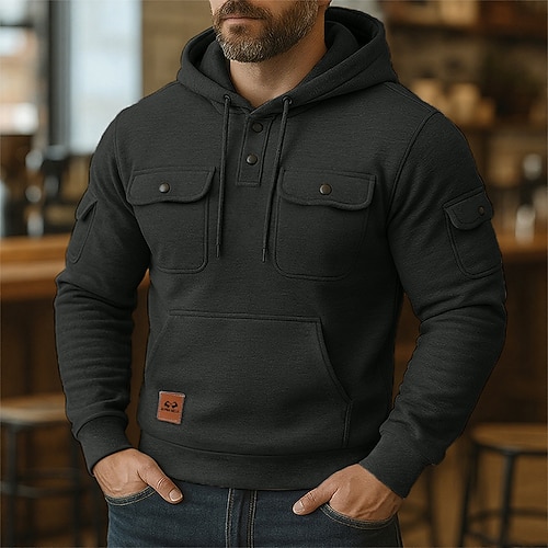 Herren Kapuzensweatshirt Kapuzenpullover mit Knöpfen Fleece Kapuzensweatshirt Taktischer Kapuzensweatshirt Schwarz Burgunderrot Marineblau Blau Khaki Mit Kapuze Einfach Mehrere Taschen Sport Image