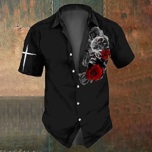 Herren Schädel Kostüme Hemd Button-Up Hemd Kurzarm Dunkel Gothic Stil Feiertags Sommer Frühling Umgeschlagen 3D Druck Kragenhemden Schwarz 1 Schwarz Image