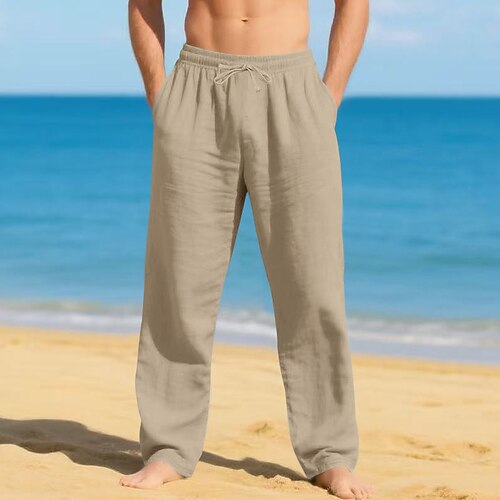 Herren Leinenhosen Hose Sommerhose Strandhose Kordelzug Elastischer Bund Gerader Schnitt Einfach Komfort Atmungsaktiv Volle Länge Lässig Täglich Ferien Urlaub Mode Schwarz Weiß Image