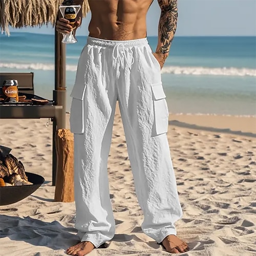 Herren Leinenhosen Hose Sommerhose Strandhose Kordelzug Tasche Elastischer Bund Einfach Komfort Atmungsaktiv Urlaub Täglich Ferien Hawaiianisch Boho Schwarz Weiß Mikroelastisch Image