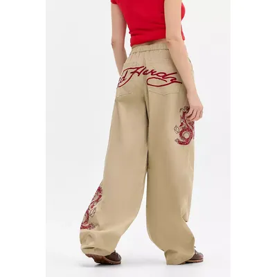 Ed Hardy UO Exclusive Wide Leg Embroidered Trousers - Beige M at Urban Outfitters
