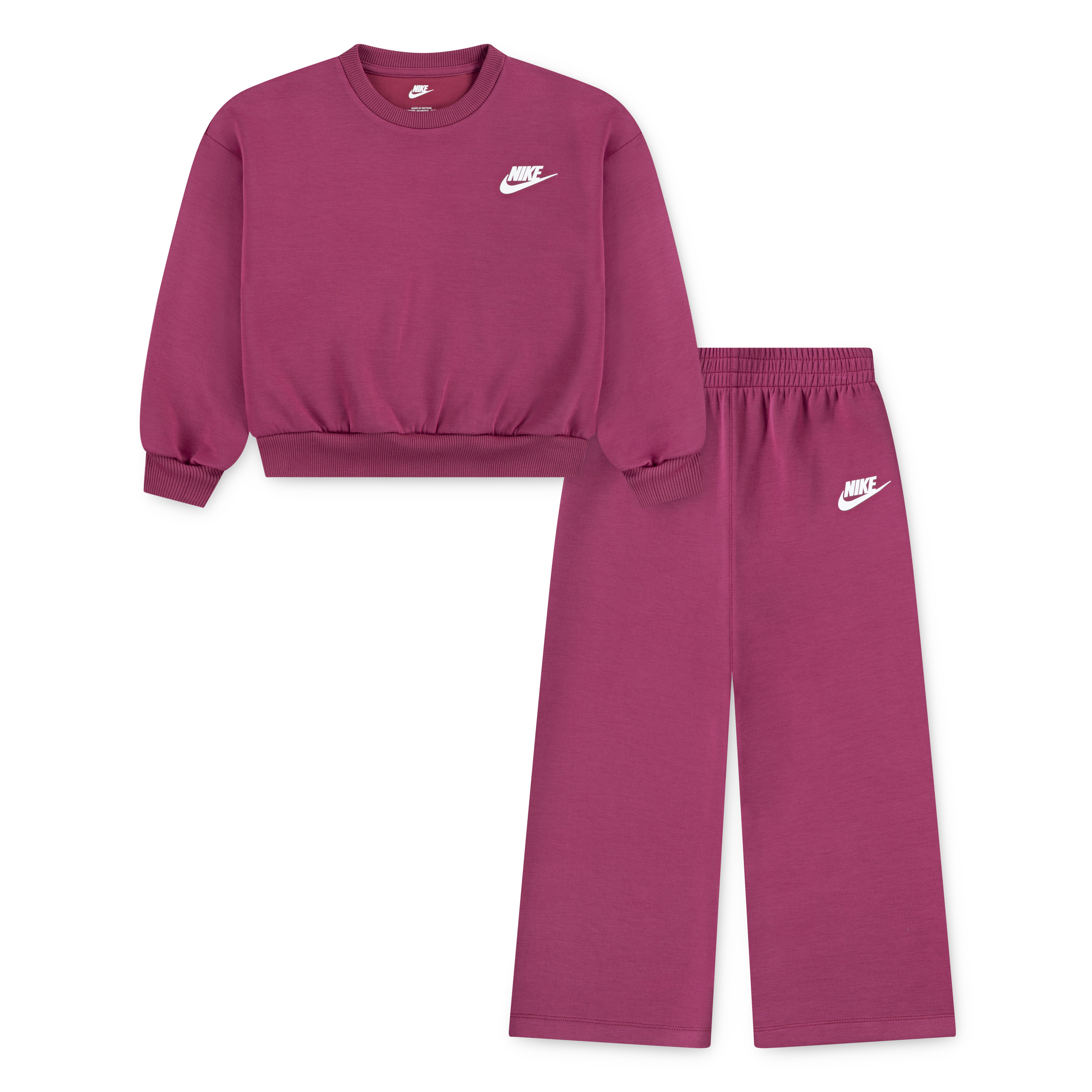 Jogginganzug NIKE SPORTSWEAR "NKG CREW WIDE LEG PANT SET", Kinder, Gr. 116 (6), sweet beet, Obermaterial: 50% Polyester, 43% Modal, 7% Elasthan, Sportlich, Sportanzüge, für Kinder Image