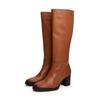 Stiefel TOMMY HILFIGER "STACKED HEEL LEATHER LONG BOOT", Damen, Gr. 37, braun, Glattleder, klassisch, Schuhe, Blockabsatz, Langschaftstiefel mit goldfarbenem Logo-Schmuckelement