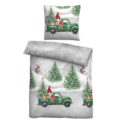 biberna Feinbiber Bettwäsche Wichtel & Weihnachtsbaum sturmgrau, 135x200 cm + 80x80 cm
